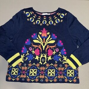 Anthropologie HWR Crewneck Cropped Sweater Size M Blue Embroidered Floral